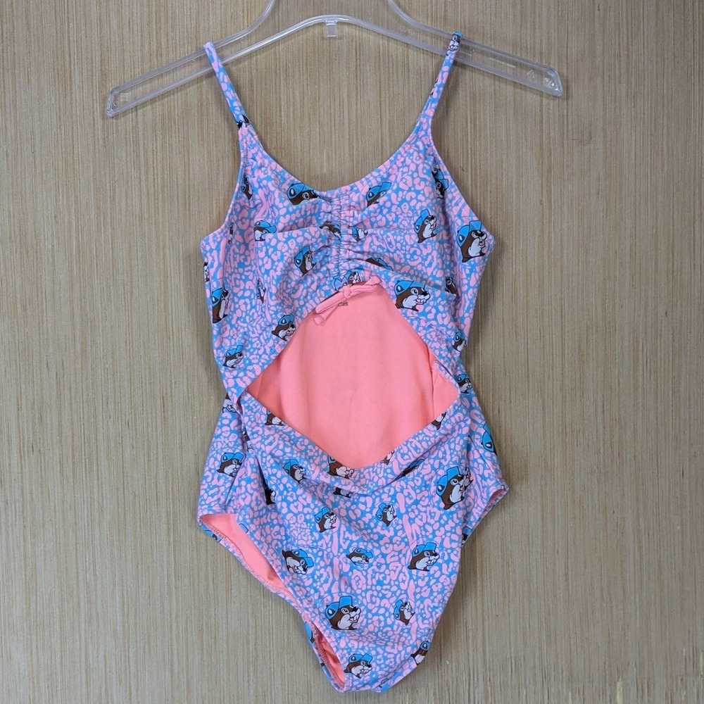 Buc-ee's Girls Pink Blue Leopard Beaver Cutout One Piece Swimsuit Size YXL Youth